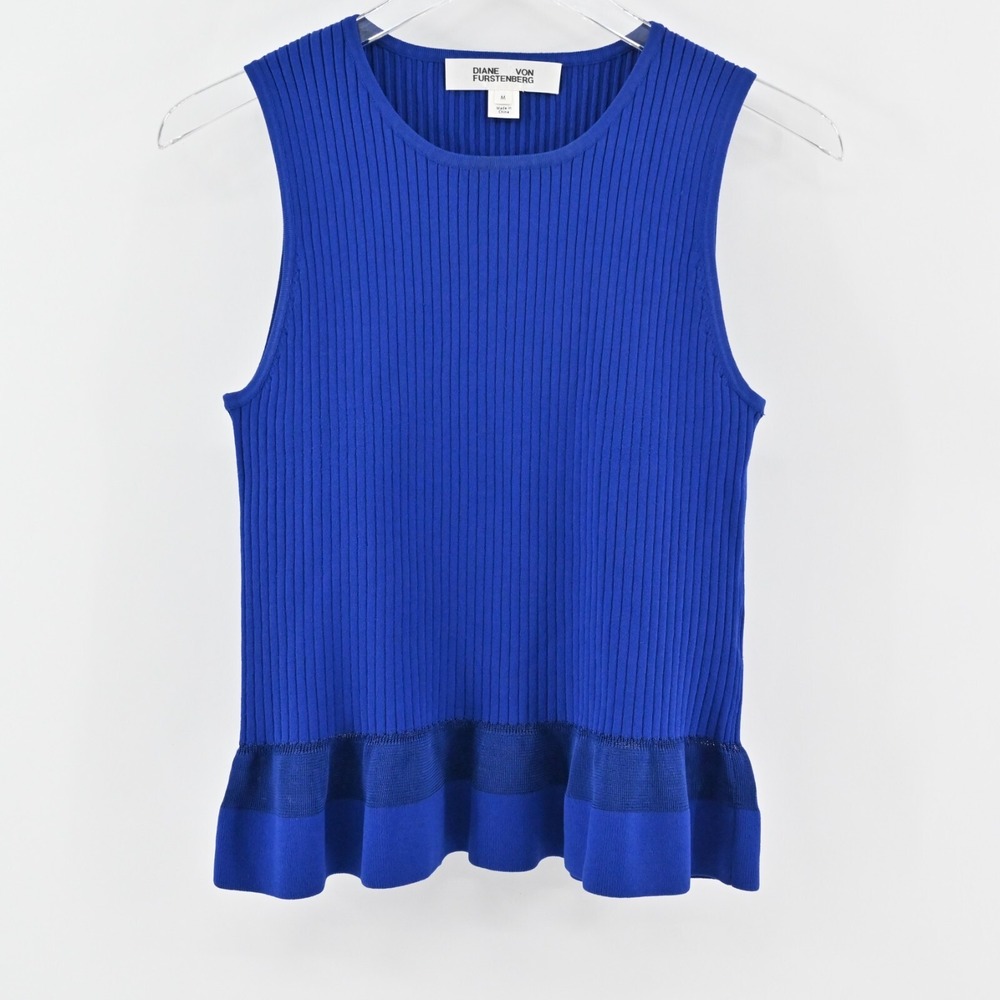 DIANE VON FURSTENBERG‎ Top Womens Size M Cobalt Blue Ribbed Knit Peplum Tank DVF